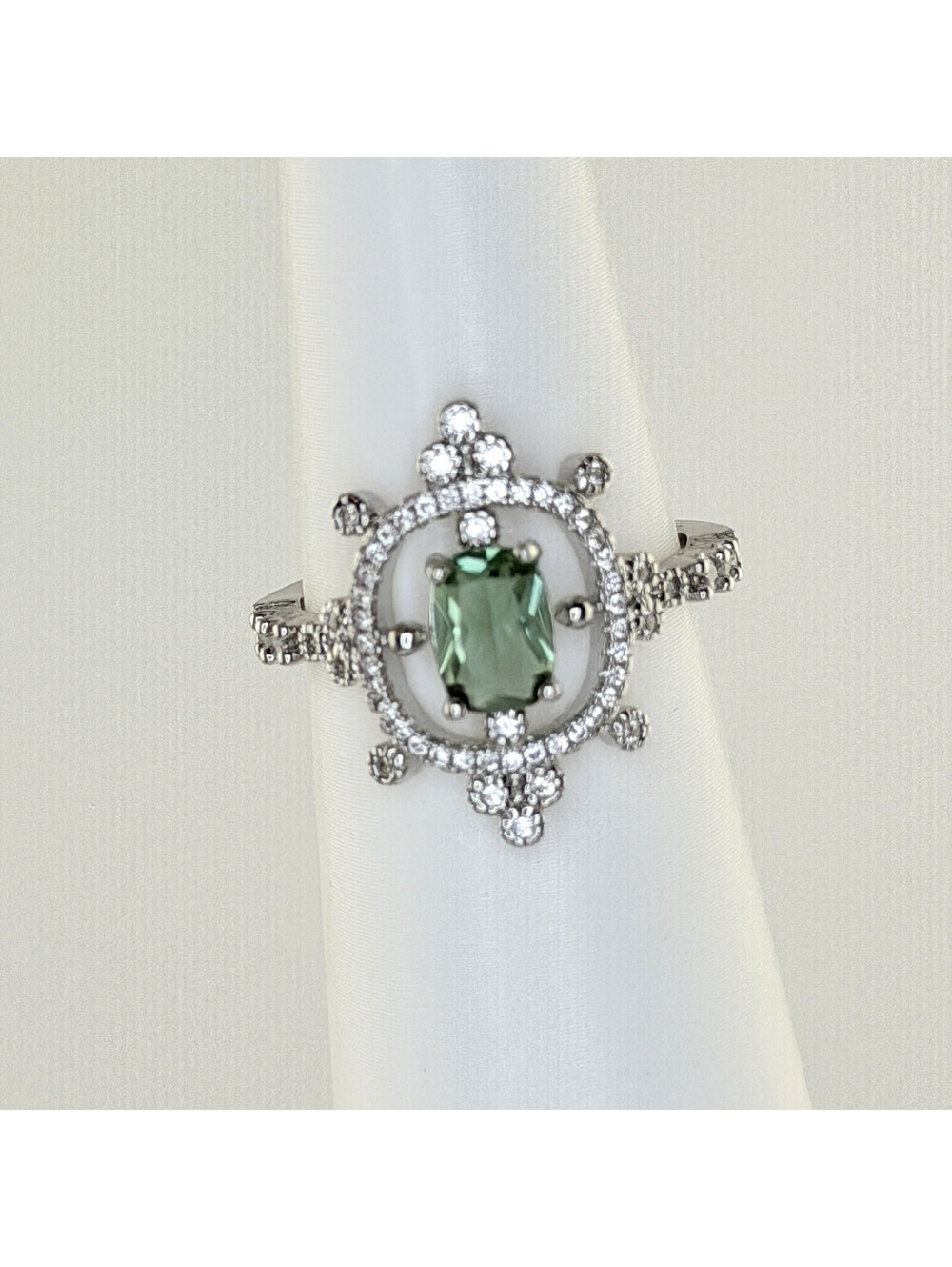 Bomb Party Sz 7 "Mirror Mirror" Olive Green Moissanite on Rhodium RBP3373 RETRO